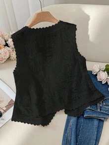 CosyJoli 大码女装春夏时尚休闲宽松优雅舒适日常黑色刺绣镂空透视背心，复古富贵风，波西米亚风，度假装扮，外出上衣，西式女装，欧式夏季，办公装，早午餐装，可爱夏日上衣，夏季上衣 - 黑色 - 查看 2