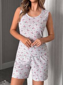 SHEIN Ensemble de pyjama décontracté 2 pièces en coton 100% pour femmes : débardeur à motif floral + short de détente à taille élastique - Multicolore - Voir 6