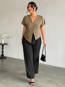 Firerie Plus Size Women V-Neck Single-Breasted Casual Versatile Daily Wear Shirt Linen Tops For Women Curve Linen Tops Plus Size - Khaki - View 5