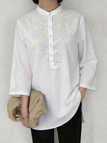 FRIFUL Middle-Aged Elderly Women's Solid Color Embroidered Blouse Teachers' Day Golf White Autumn Basic - White - View 6