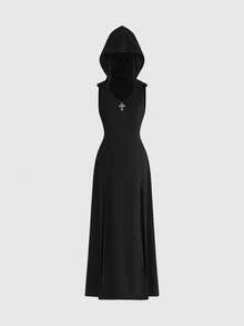 ROMWE Goth Women's Solid Color Cross Decor Casual Party Outing Dress - Black - View 5