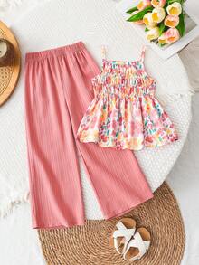 SHEIN Elladie kids 小女孩可爱花卉格纹印花吊带背心和阔腿纹理面料长裤套装，适合日常休闲和假日穿着。 - 藕粉色 - 查看 5