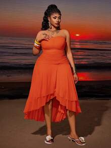 Maweii Vestido asimétrico con abertura, ajustado y fruncido, de malla, en tono naranja rojo, con estilo francés chic, para tallas grandes - Naranja - Ver 3