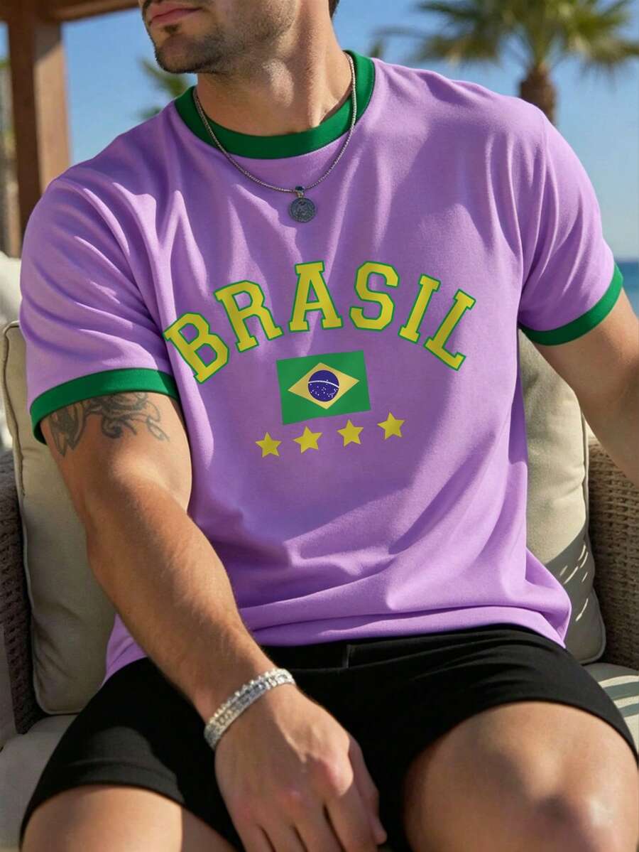 Manfinity RSRT Men's Manfinity Hypemode Purple And Yellow Summer Streetwear Holiday Vacation Holiday Brazil Football Sports & Letter Print Patchwork T-Shirt - Multicolor - View 1