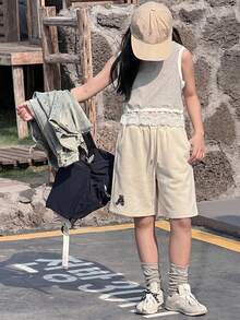 Dazy Kids Quần short thường ngày họa tiết gấu dành cho bé gái tuổi teen - Màu be - Xem 5