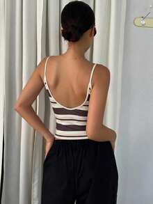 DAZY Women's Backless Camisole Summer Top Vacation Brown Striped Casual - Multicolor - View 3