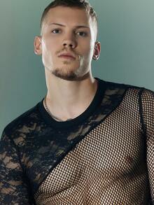 FeverCity Men's Solid Color Round Neck Long Sleeve Lace Patchwork Sheer Sexy T-Shirt - Black - View 7