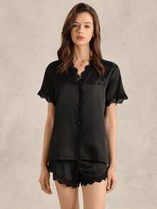 EverLounge Lace Trim Satin Pajama Set - Black - View 5