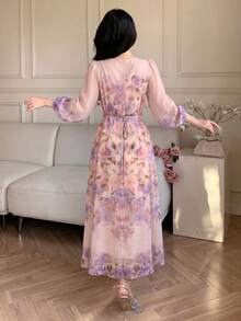 SHEIN Lacomfia Đầm dài tay cổ tròn chất liệu chiffon in họa tiết, kiểu dáng ôm sát, xòe rộng, thời trang xuân hè. - Nhiều màu - Xem 2