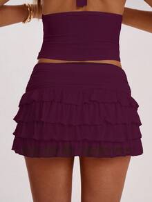 SHEIN BAE Women's Fashionable Versatile Multi-Layer Ruffle Hem Skirt - Red Violet - View 2