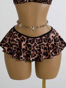 Swim Mod Leopard Women Beachwear 2pcs Set,Spaghetti Strap Top And Ruffle Bikini Bottom,Black,Summer,Casual,Beach,Holiday,Vacation,Holiday Sunbathing Outfits - Multicolor - View 8