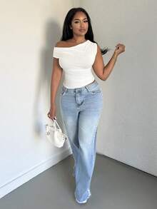 Alexandranx 女士时尚蓝色直筒牛仔裤，带珍珠和口袋 - 藍色 - 查看 6