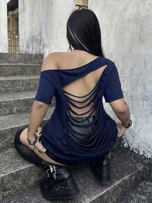 Whyspr Áo thun nữ cỡ lớn màu trơn, vai lệch, kiểu dáng thường ngày, đa năng. - Màu xanh hải quân - Xem 1