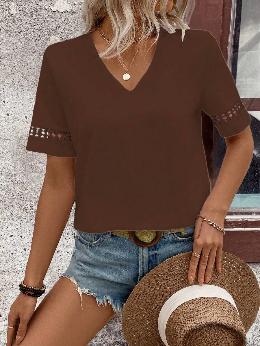 EMERY ROSE Women's Casual Solid Color Short Sleeve T-Shirt, Summer - Coffee Brown - View 1