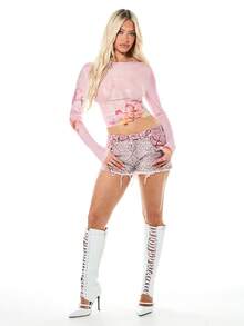 SUMWON WOMEN Floral Print Mesh Long Sleeve Top With See Through Panels And Crew Neckline For Spring Summer Casual Wear - Pink - View 4