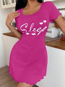 SHEIN Women's Casual Love Letter Print Short Sleeve Nightgown, Ins Style, Summer - Hot Pink - View 3