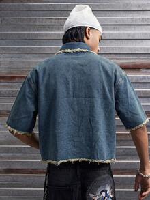 AXEPEAK Men's Blue Short Sleeve Shirt With Embroidered Patch, Loose Fit Short Jacket - Dark Wash - View 3
