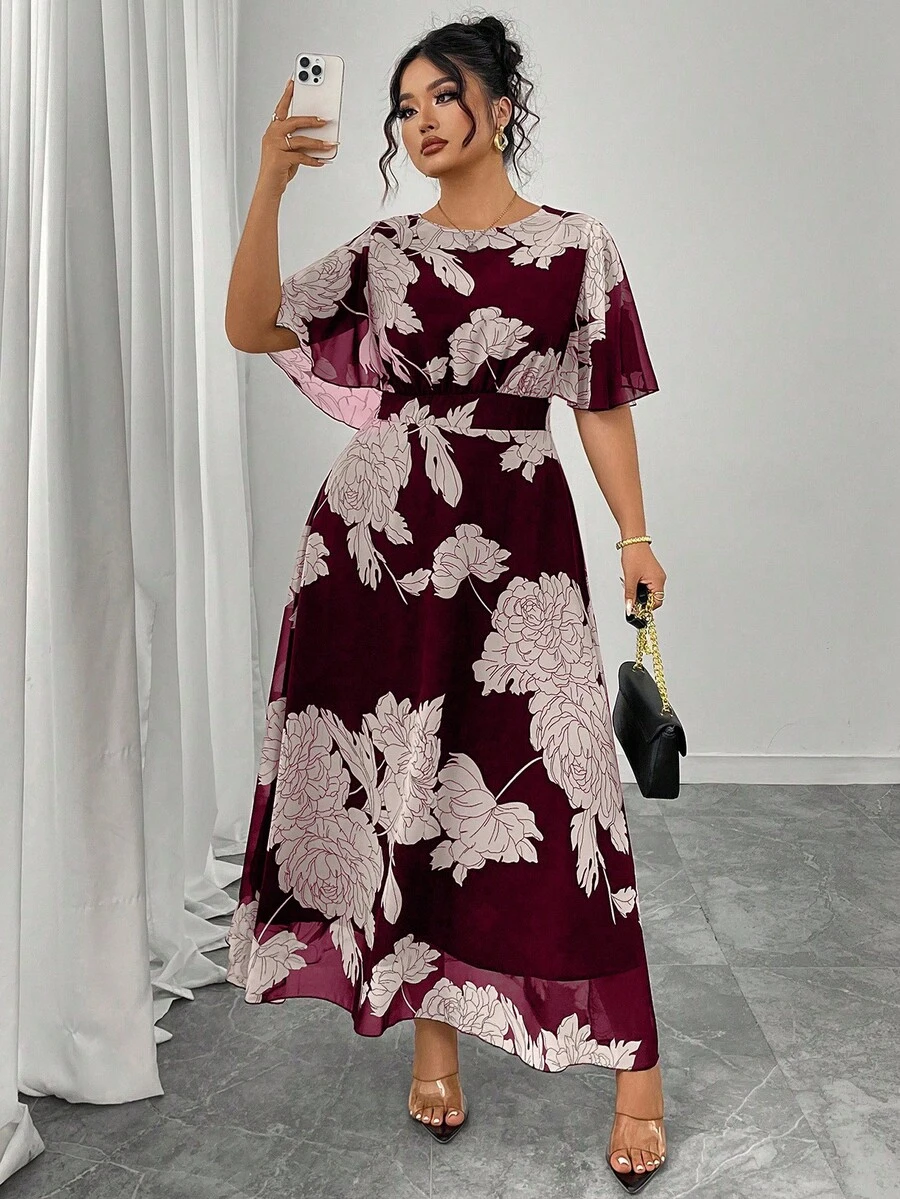 Modelyn Plus Size Women's Elegant Round Neck Ruffle Flare Sleeve Fitted Flowy Maxi Chiffon Dress, Spring/Summer - Red - View 1