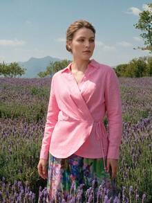 MOTF PREMIUM WOMEN'S PLUS LINEN TIE WRAP LONG SLEEVE BLOUSE, SPRING/SUMMER - Pink - View 6