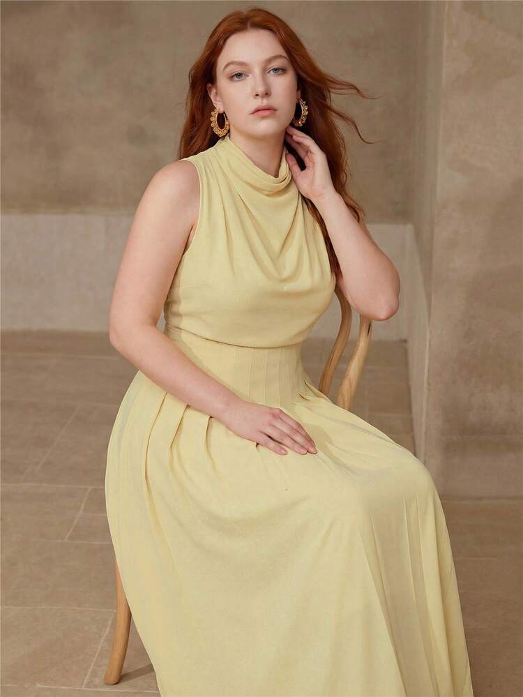 PLUS SIZE WOMEN'S COWL NECK RUCHED WAIST PLEATED DRESS, SPRING/SUMMER