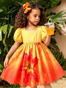 SHEIN Elladie kids 女童漸層色甜美泡泡袖洋裝，附可拆式蝴蝶結，休閒度假穿搭 - 黃色 - 查看 8