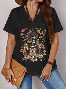 Women's Plus Size Skull Print V-Neck Short Sleeve Casual T-Shirt Zumba T Shirt Graphic Tops Cartoon T Shirt Women T Shirt Women Graphic Tee Shirts For Women - Multicolor - View 5