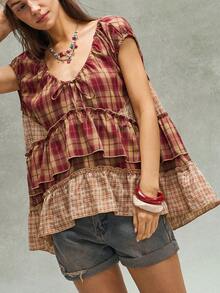 SHEIN BohoFeels Women's Casual Woven Plaid V-Neck Ruffle Hem Blouse - Burgundy - View 6