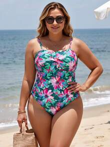 Swim Lushoire Plus Size Women Random Print Front Twist Decor One-Piece Swimsuit, Flattering For Beach Beach Vacation, Resort, Party Teal Summer - Multicolor - View 6