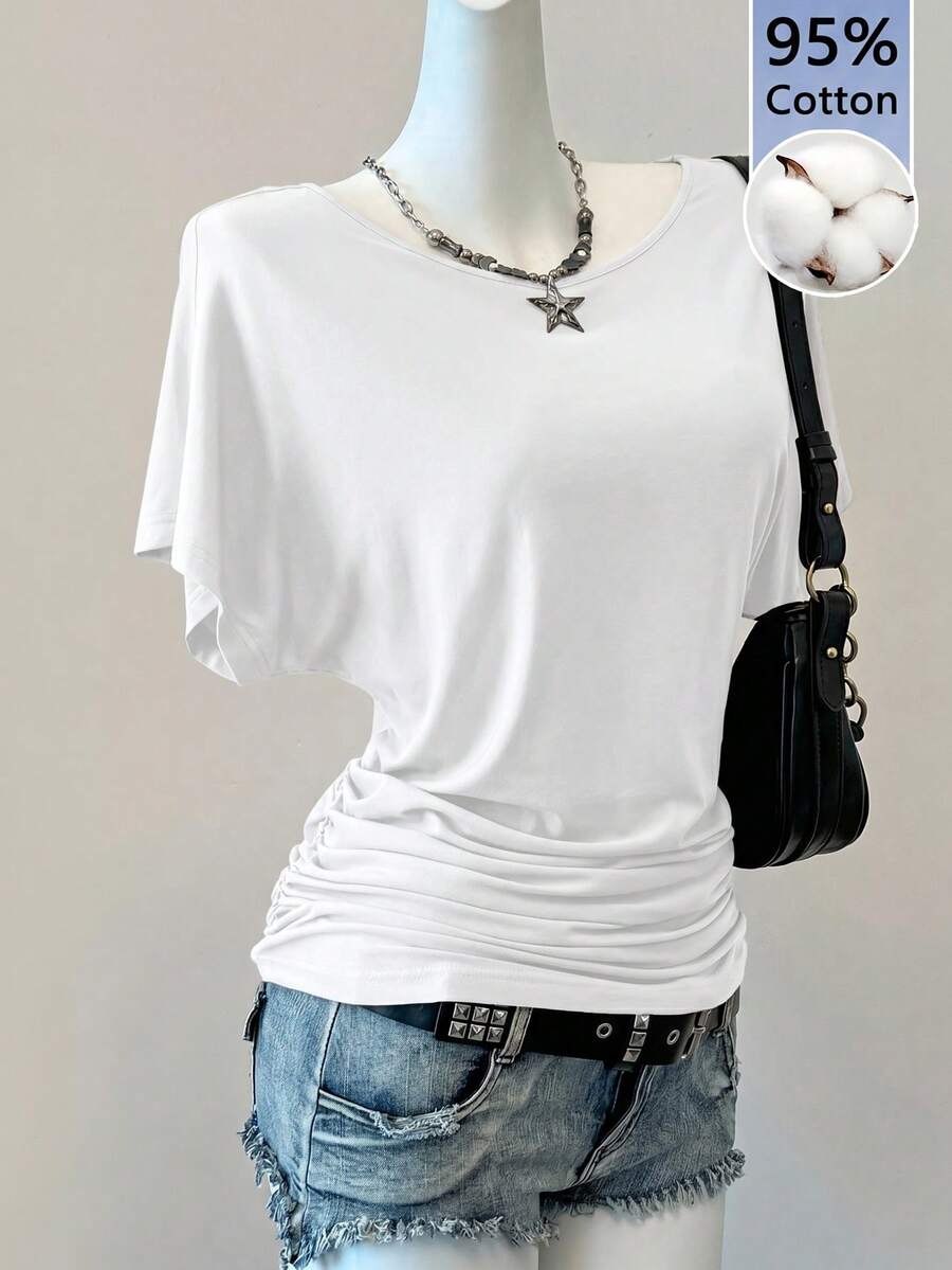 SHEIN EZwear 休閒簡約純白色女款T恤,適合春夏季 - 白色 - 查看 1