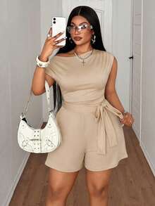 Maweii Plus Size Asymmetric Shoulder Ruched Bow Tie Waist Romper,Khaki,Summer,Smart Casual,Vacation Fitted Drawstring Jumpsuit For Daily Wear,Parties, - Apricot - View 5