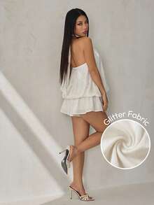 SHEIN PETITE 女款優雅米白色掛脖繫帶迷你洋裝，花卉泡泡下擺亮面布料，70年代風夏季派對度假約會穿搭，適合小個女生的夏季洋裝 - 杏色 - 查看 6