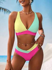 Swim Vcay Women's V-Neck Textured Striped Tankini Swimwear Set - Multicolor - View 3