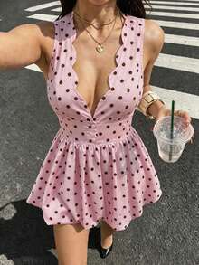 Pariaura Đầm peplum cổ chữ V chấm bi kiểu Pháp dành cho nữ - Hồng - Xem 4