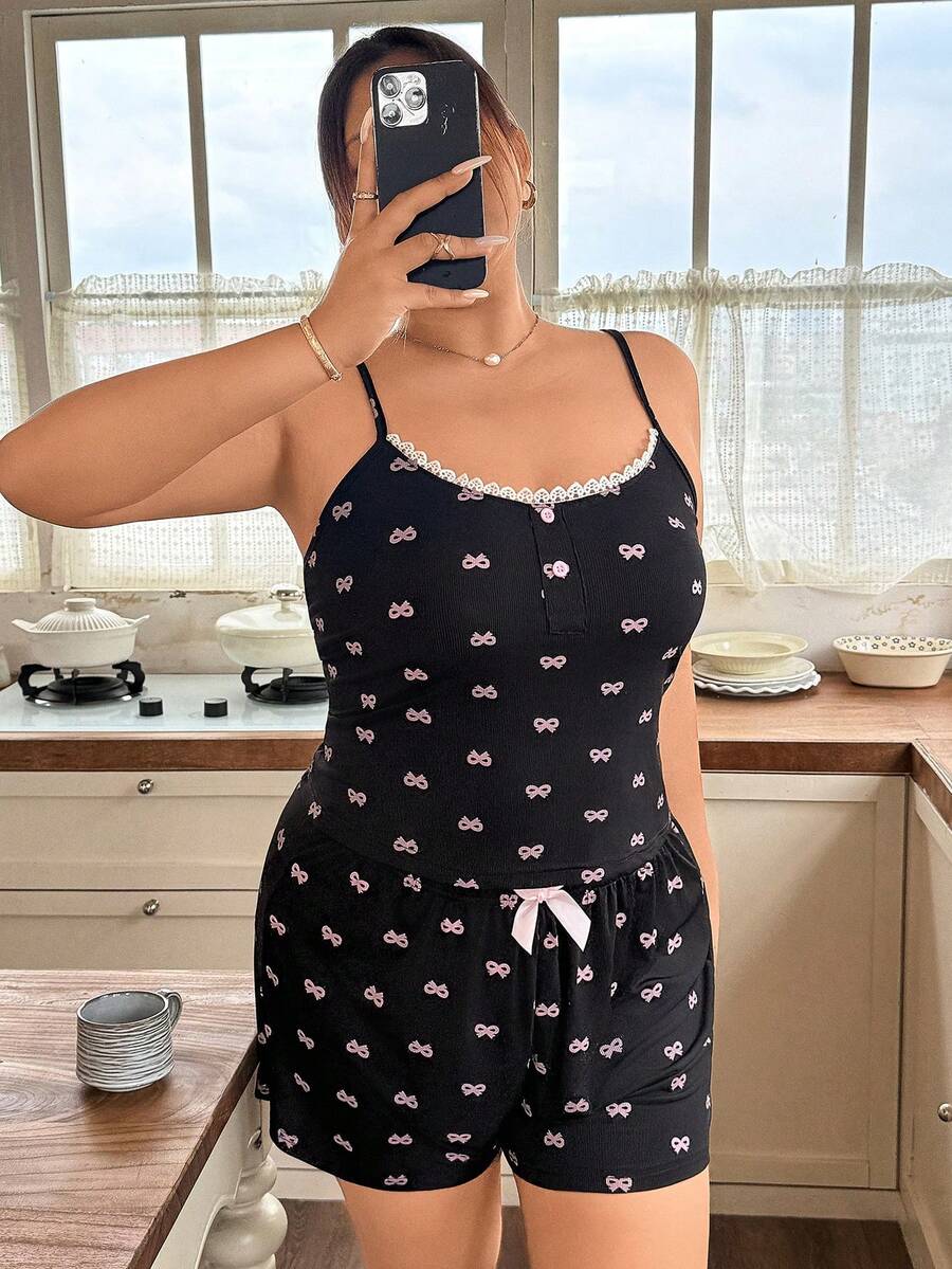 Napfluff CURVE Napfluff CURVE Plus Size Women Lace Patchwork Allover Print Camisole And Shorts Casual Loungewear Set - Black - View 1
