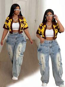 Maweii Plus Size Women Casual Street Chic Short Sleeve Houndstooth Print Contrast Color Cropped Jacket, Suitable For Vacation - Multicolor - View 1