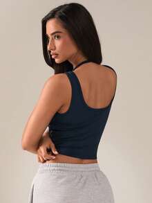 SHEIN BAE Women's Solid Color 2 In 1 Sports Knit Camisole - Navy Blue - View 3