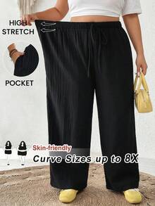 SHEIN CURVE+ 大码女式休闲日常通勤简约百搭100%纯棉纯色纹理面料抽绳腰宽松阔腿裤 - 黑色 - 查看 5