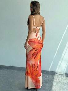 Aloruh Vestido largo ajustado con tirantes finos y sin mangas, con diseño calado, para verano - Albaricoque - Ver 2