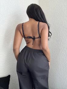 Alexandranx 女式 1 件套比基尼上衣 Y2k 夏季外出纯色拼接细肩带简约比基尼上衣，西式女装 - 彩色 - 查看 2