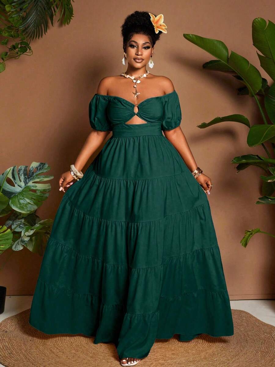 Maweii Vestido casual de talla grande de unicolor con hombros descubiertos - Verde Oscuro - Ver 1