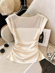 SHEIN Franclia Áo thun nữ dáng ôm vừa vặn, tối giản, đa năng, hơi xuyên thấu, thanh lịch, thích hợp cho công sở. - Màu be - Xem 2