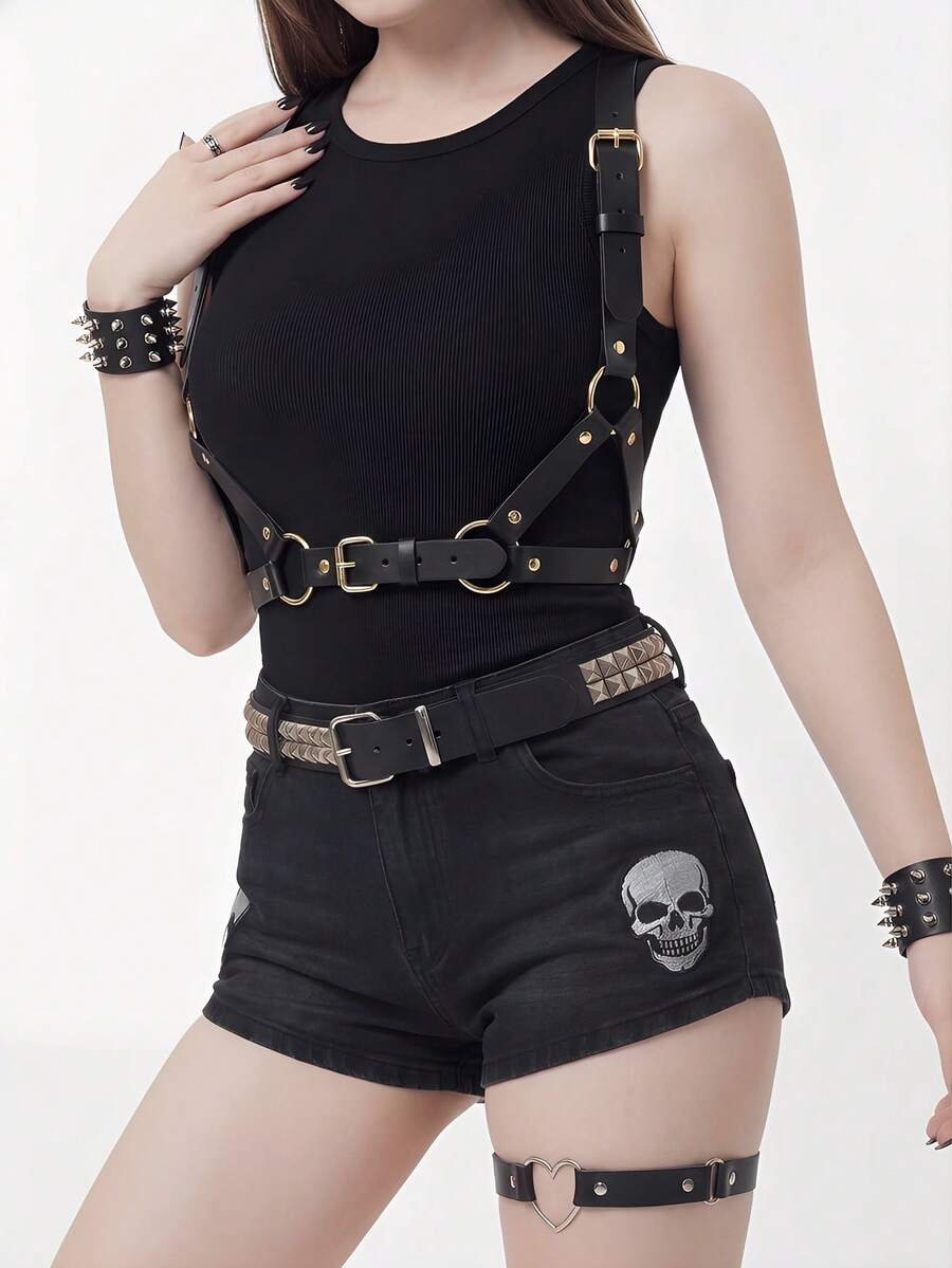 Whyspr 1 Phụ kiện Halloween thời Phục Hưng dành cho nữ, dây đeo bằng da hình tam giác ngược kiểu Gothic, thích hợp cho trang phục dự tiệc Carnival - màu đen - Xem 1
