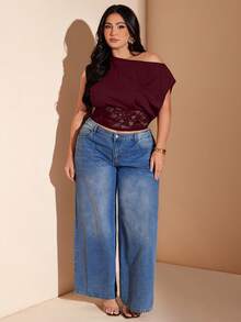 SHEIN BAE Plus Size Women's Spring/Summer Black Knit Lace Patchwork Asymmetric Off-Shoulder Exposed Shoulder Blouse, Sexy Vacation Top - Burgundy - View 4