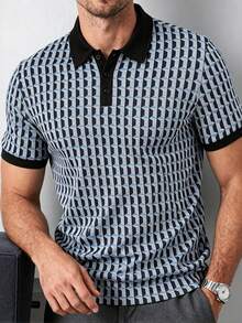 Manfinity Homme 针织短袖提花 Polo 衫，休闲时尚 Polo 衫，撞色领高尔夫球衫，男士纽扣针织 Polo 衫，男士翻领 Polo 衫 - 彩色 - 查看 4