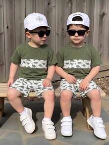 2pcs/Set Toddler Boys' Dinosaur Allover Print Contrast Color Patchwork Short Sleeve T-Shirt And Shorts Set,Loose Fit Summer Family Matching Outfits - Multicolor - View 3