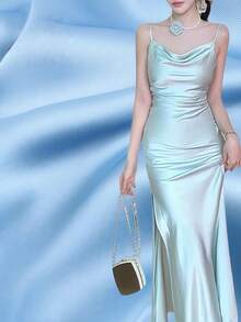 1PC DIY Blue Solid Color Satin Fabric Suitable For Gift Wrapping Dresses Shirts Cheongsam Wedding Dresses Room Decoration And Craft Sewing Supplies - A - View 2