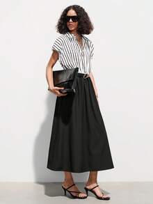 SHEIN Luminelle Women's Sleeveless Striped Patchwork Belted A-Line Long Shirt Dress, V-Neck - Black - View 8