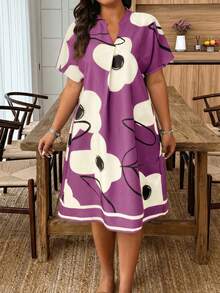 EMERY ROSE Plus Size Women Floral Print Casual Party Dress - Purple - View 1