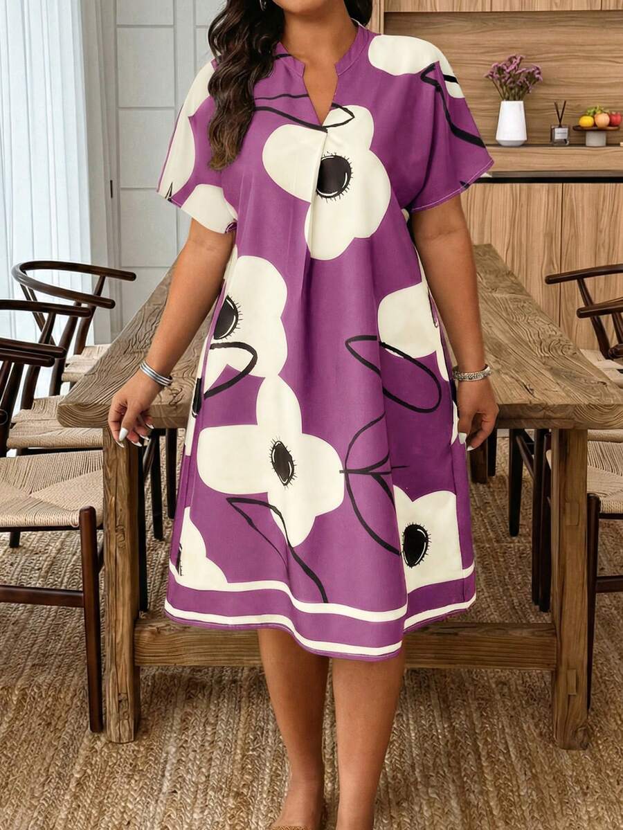 EMERY ROSE Plus Size Women Floral Print Casual Party Dress - Purple - View 1