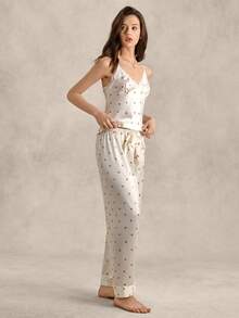 EverLounge Cherry Print Contrast Lace Satin Cami Top & Pants PJ Set / Pajama Set - Beige - View 4